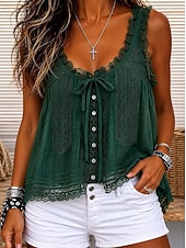 cheap Lace Tops-Women's Lace Splicing Top Cami Top Jacquard Tie Front Lace Trim Elegant Bohemia Active Sleeveless Crew Neck Square Neck Scoop Neck Long Tops Casual Red Dark Green Green Apricot Summer Spring Fall