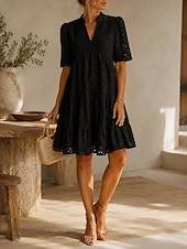 economico Vestito Semplice-Per donna Abito al ginocchio Abito ritagliato Elegante Quotidiano Vestibilità comoda Colore Puro Manica Corta Scollo a V Blu chiaro Nero Bianco Rosa Estate