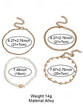 voordelige Damesarmband-Dames enkelbandjesset van 4 stuks in boho-stijl, goudkleurige legering enkelbandjes met hartvormige bedeltjes en witte kralen, zomerse strandvakantie sieraden voor vrouwen