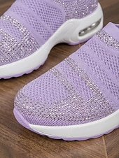ieftine Adidași de Damă-Teniși sport slip-on pentru femei, tricotați cu strasuri mov – pantofi sport respirabili cu pernă de aer și talpă ușoară care absoarbe șocurile, pentru călătorii, fitness și confort de zi cu zi