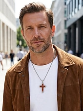 baratos Jóias Masculinas-Colar masculino com pingente de cruz em madeira e liga metálica, corrente em aço inoxidável, joia religiosa, presente para homens maduros, ideal para uso casual no verão, viagens e dia a dia.
