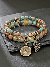 economico Bracciale da donna-Set di braccialetti da donna bohémien a strati con perline di pietra naturale, albero della vita e ciondoli a forma di foglia, gioielli da polso impilabili multicolore in 2 pezzi per l'uso quotidiano,