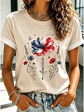 cheap Independence Day Top-American Independence Day Women's T Shirt Print Graphic American Flag Vintage Fashion Casual Short Sleeve Crew Neck Regular Tops Casual Daily Weekend Light Beige Pink Summer Spring