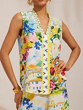 abordables Gilets pour femmes1-haut sans manches léger en lin, motif jardin d'agrumes, idéal pour les fêtes