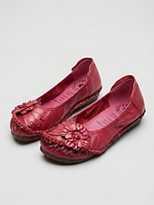 voordelige Platte damesschoenen-Dames ballerina's van premium rundleer in een brede pasvorm - handgemaakte comfortabele schoenen met 3D-bloemenapplicatie en gestikte afwerking, vintage instapschoenen voor casual gebruik, reizen en