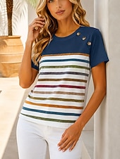 cheap Stripe&amp;Geometric tee-Women's T Shirt Buttons Graphic Striped Vintage Stylish Casual Short Sleeve Crew Neck Regular Tops Casual Daily Blue Black White Red Summer Spring