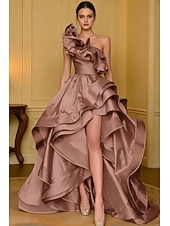 preiswerte Empire-Waist-Abendkleider-A-Linie Asymmetrisch Abiballkleider Abendkleid Ballkleid Festliche Kleidung Elegant Hoher Schlitz Ärmellos Ein-Schulter Hochzeit Formell Satin mit Rüschen Schlitz
