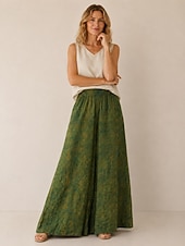 preiswerte Premium-Leinen-Kollektion-Damen-Hose aus 100 % Leinen mit weitem Bein, mittelhohem Bund, langer Länge, Batikmuster, Tasche, elastischem Bund, lockerer Passform, grün, Herbst/Winter