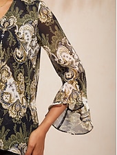 economico Bluse Floreali-Top in chiffon svolazzante con stampa floreale mandala verde.