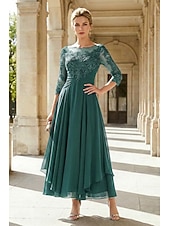 cheap Ankle Length-A-Line Ankle Length Party Dress Cocktail Dress Wedding Guest Dress Mother of the Bride Dress 3/4 Length Sleeve Jewel Neck Elegant Plus Size Wedding Guest Wedding Party Chiffon Lace with Ruched Sequin