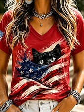  American Independence Day Women's T Shirt Print Graphic Flag Cat Vintage Stylish Classic Short Sleeve V Neck Regular Tops Casual Daily Blue White Red Summer Spring