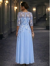 preiswerte Bodenlänge-A-Linie Bodenlang Spitzenkleid Brautmutterkleid Langarm Dreiviertelarm Rundhalsausschnitt Elegant Vintage Formell Hochzeitsgast Hochzeitsfeier Chiffon Spitze mit Stickerei Applikationen Blume