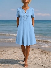  Dames Knielengte jurk Boho-jurk Kanten jurk Elegant Dagelijks Ruim Passend Effen Korte mouw V-hals Licht Blauw gebroken wit Paars Donkerblauw Zomer