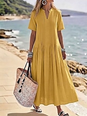 baratos Vestidos Estilo Casual-Mulheres Vestido Longo Vestido casual Vestido de linho de algodão Elegante Férias à moda Ajuste Largo Tecido Manga Curta Decote V Azul Amarelo Claro Verde Sage Verão Primavera