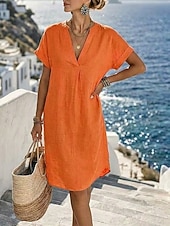 cheap Dresses-Women's Knee Length Dress Linen Dresses Vintage Daily Slim Plain Short Sleeve V Neck Khaki Red Orange Summer
