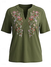  Per donna Top con cuciture in pizzo Patchwork Ricamato Bordo in pizzo Quotidiano Manica Corta Collo a V Casuale Verde militare Estate Primavera