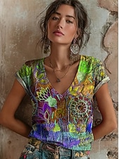 ieftine tricou floral-Pentru femei Tricou Imprimeu Floral Grafic Stilat Clasic Casual Manșon scurt În V Topuri obișnuite Casual Zilnic Albastru piscină Galben Roșu-aprins Mov Trifoi Vară Primăvară