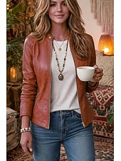 ieftine Cămașă Jachete-Pentru femei Δερμάτινα μπουφάν Sacou Comfortabil Respirabil Fermoar Casual Simplu Casual Vacanță Stradă Purtare Zilnică Fermoar Scurt Guler de stand Fit regulat Manșon Lung Îmbrăcăminte exterioară