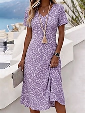  Women's Knee Length Dress T Shirt Dress Tee Dress A Line Dress Vacation Casual Boho Beach Regular Fit Floral Graphic Short Sleeve V Neck Blue Purple Green Summer Spring