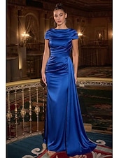 economico Abiti da sera a tubino-Sheath Column Floor Length Evening Gown Elegant Empire Waist Evening Half Sleeve Scalloped Neckline Wedding Formal Pocket Satin with Pleats Solid Color