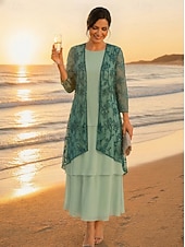 economico Set di abiti per la mamma-Due Pezzi Linea ad A Lunghezza alla caviglia Abito da cerimonia per signora Manica 3/4 Mezza Manica Scollo Tondo Elegante Semplice Lussuoso Formale Ospite di nozze Chiffon Pizzo Abiti con Giacca con
