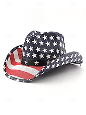  Patriotischer Western-Cowboyhut für Herren, Strohhut aus Polyester mit USA-Flagge und verstellbarem Kinnband, weiß-khakifarbener Sommerhut für Rodeo-Feiern am 4. Juli, dem amerikanischen