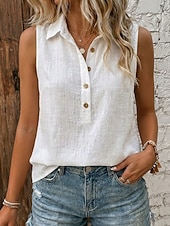  Damen Weste aus Baumwollleinen Textur Knöpfe Vintage Ärmellos Revers Normale Oberteile Weiß Gelb Grün Sommer Frühling