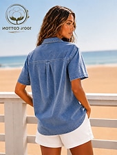  Per donna Maglia Henley Lavaggio acido Lavaggio vintage Tinta unica Elegante Vintage Moda Manica Corta Colletto a Camicia Top lunghi Casuale Spiaggia Blu Viola Verde Estate Primavera