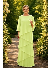 abordables Largo del piso-Funda Columna Hasta el Suelo Vestido Invitada Boda Vestido formal Vestido de noche Vestido de Madrina Manga 3/4 Cuello Barco Elegante Formal Gasa con Volantes