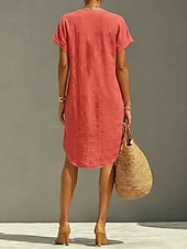  Femmes Robe Longueur Genou Robes en lin ancien Quotidien Mince Uni Manche Courte Col en V Kaki Rouge Orange Été