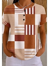  Top in maglia waffle per donna T-shirt ombre grafica geometrica elegante classica manica corta collo rotondo Henley top regolari sportivi quotidiani nero e bianco verde chiaro khaki arcobaleno estate