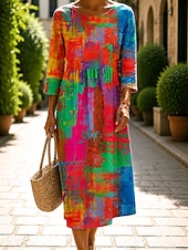 economico Abiti a Strisce e Geometrici-Per donna Abito Midi Vestito Casual Abito Estivo Vacanza Casual Spiaggia Spiaggia Ferie Vestibilità regolare Grafico Geometrico Astratto Manica 3/4 Girocollo Blu Rosso Cachi Estate Primavera