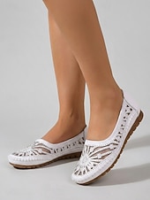 cheap Women's Flats-Women's White Breathable Slip-On Shoes – Hollow Out Comfort Flats with Soft Cushioned Insole, Lightweight Flexible Sole and Non-Slip Design for Walking, Travel and Everyday Wear