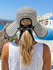 cheap Women's Hats-Women's Striped Foldable Sun Hat, Wide Brim Polyester Beach Hat for Women, Packable Summer Travel Vacation Cap, Elegant UV Protection Hat