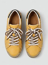 cheap Women's Sneakers-Women's Yellow Handcrafted Retro Casual Sneakers – Embroidery Lace-up Walking Shoes with Non-slip Sole for Travel, Outdoor Walking &amp; Everyday Wear