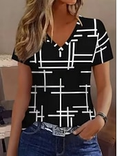 abordables Camiseta a rayas y geométrica-Mujer Camiseta Estampado Graphic Geométrico A Rayas Elegante Casual Manga Corta Escote en Pico Tops regulares Casual Diario Caqui Negro 1 # Negro Verano Primavera Otoño Invierno