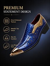 tanie Loafery-Męskie niebieskie, wyraziste buty wizytowe – eleganckie obuwie ze szpiczastym noskiem i wytłoczonym wzorem imitującym skórę krokodyla – modne buty dla dżentelmenów na imprezy, bankiety, wesela i wieczorne wydarzenia