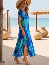 economico Abiti floreali-Per donna Abito maxi Abito a trapezio Casual Ferie Data Vestibilità regolare Floreale Grafico Leopardo Manica Corta Scollo a V Blu Rosso Viola Blu scuro Estate Primavera