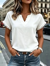  Women's Blouse Tassel Plain Fashion Stylish Classic Short Sleeve Notched Neck Regular Tops Casual Daily Weekend Blue White Pink Summer Spring