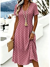  Per donna Abito Midi Abito a trapezio Vacanza Casual Boho Quotidiano Vestibilità regolare Grafico Geometrico Manica Corta Scollo a V Blu Rosa Estate Primavera
