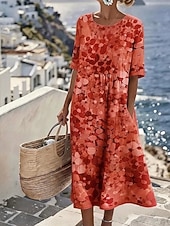 cheap Casual Floral Dresses-Women's Midi Dress Sundress A Line Dress Summer Dress Fit And Flare Dress Vacation Party Casual Daily Office Beach Loose Fit Graphic Abstract Half Sleeve Crew Neck Blue Red Green Summer Spring Fall