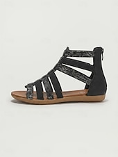 baratos Sandálias Gladiador-Sandálias gladiadoras pretas femininas – sandálias rasteiras confortáveis com tiras elásticas, fecho de zíper na parte de trás, palmilha acolchoada e sola antiderrapante, ideais para viagens, férias e