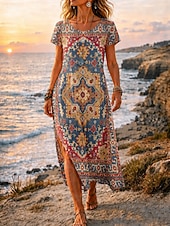 cheap Boho Dress-Women's Midi Dress A Line Dress Casual Beach Regular Fit Graphic Geometric Short Sleeve Crew Neck Blue Orange Summer Spring