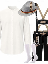  Oktoberfest Lederhosen Set Shirt Tyrolean Hat Above Knee Embroidery Stand Collar Mandarin Collar Bavarian Alpine Heritage Wiesn Men's Carnival Beer Festival Traditional Style Cloth