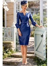 cheap Cocktail Dresses-Sheath Column Knee Length Cocktail Dresses Party Dresses Elegant Minimalist 3/4 Length Sleeve V Neck Formal Wedding Guest Satin with Sash / Ribbon Pure Color