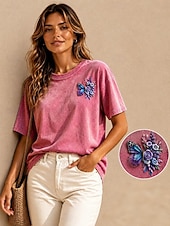 preiswerte Blumen-T-Shirt-Damen 100% Baumwolle Besticktes T-Shirt Grafik Schmetterling Vintage Klassisch Lässig Kurzarm Rundhalsausschnitt Normale Oberteile Lässig Täglich Wochenende Rosa Sommer Frühling