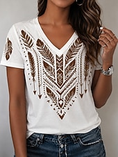 Χαμηλού Κόστους Boho t-shirt-Γυναικεία Μπλουζάκι Στάμπα Γραφική Φυλής Στυλάτο Κλασσικό Καθημερινό Κοντομάνικο Λαιμόκοψη V Κανονικά μπλουζάκια Causal Καθημερινά Θαλασσί Λευκό Βυσσινί Καλοκαίρι Άνοιξη