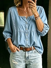  Women's Shirt Blouse Buttons Solid Color Fashion Daily Casual 3/4 Length Sleeve Puff Sleeve Crew Neck Long Tops Casual Light Blue Black Navy Blue Fall
