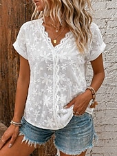  Per donna Top con cuciture in pizzo Tessuto Patchwork Bordo in pizzo Elegante Manica Corta Manica a pipistrello Scollo a V Casuale Bianco Estate Primavera