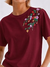 abordables Hauts brodés artisanaux-T-shirt floral brodé 100 % coton pour femmes T-shirt d'été élégants vintage tropicaux à manches courtes col rond haut régulier décontracté quotidien plage blanc été printemps automne hiver